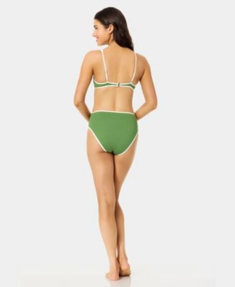 California Waves Womens Wide Rib Bound Plunge Underwire Swim Top High Waist Bottoms