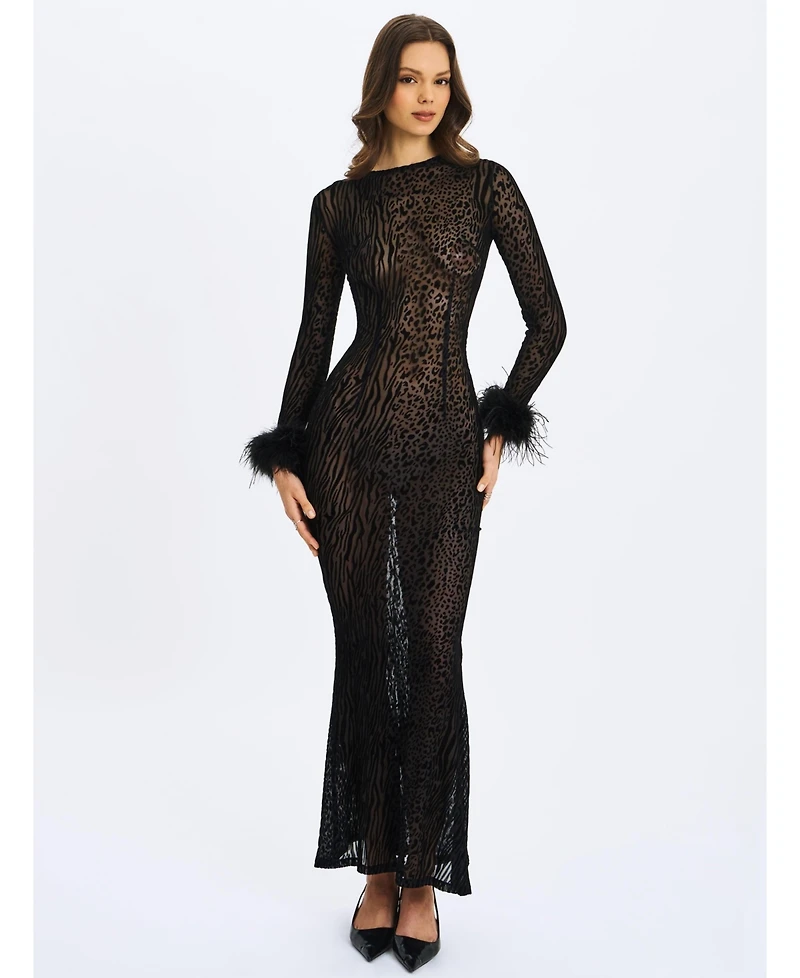 Miss Circle Women's Patricia Black Leopard Burnout Velvet Mesh Backless Maxi Dress