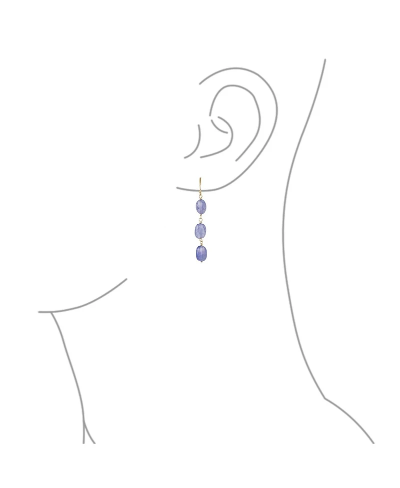 Bling Jewelry Long Linear Yellow 14K Gold Three Oval Natural Garnet Turquoise Tanzanite Dangling Earrings Fish Hook