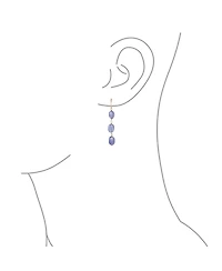Bling Jewelry Long Linear Yellow 14K Gold Three Oval Natural Garnet Turquoise Tanzanite Dangling Earrings Fish Hook