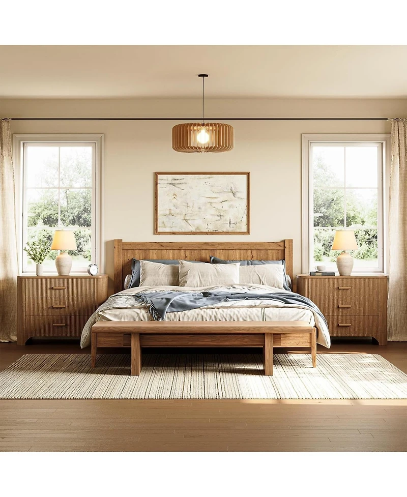 Tribesigns Large Nightstand with 3 Drawers Set of 2, Mid Century Modern Oversized Bedside Table, Wide Nightstand with Fluted Striped Panel