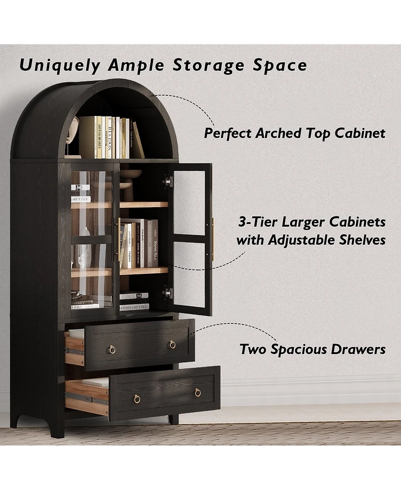 Boyel Living 71" Tall Arched Kitchen Pantry Cabinet with 2 Large Drawers, Adjustable Shelves, Glass Door, Wood Versatile Cupboard