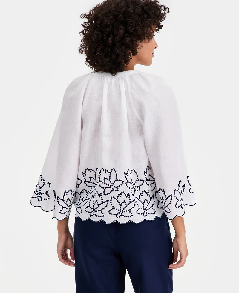 Charter Club Women's 100% Linen Raglan-Sleeve Cabana Top, Created for Macy's