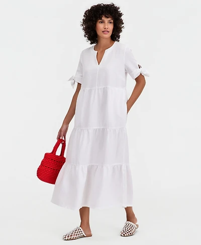 Charter Club Women's 100% Linen Tie-Sleeve Tiered Midi Dress, Created for Macy's