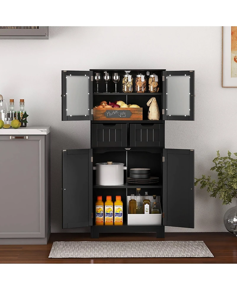 Bathroom Floor Storage Cabinet Kitchen Cupboard with 2 Drawers & Glass Doors