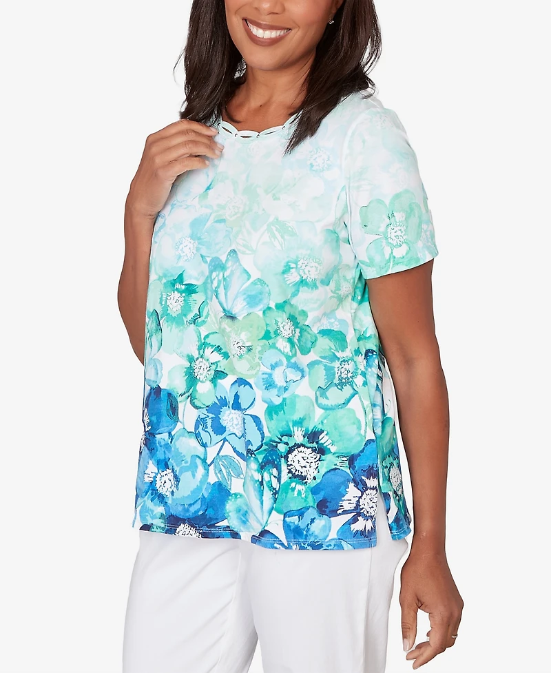 Alfred Dunner Petite Floral Ombre Embellished Neck Top