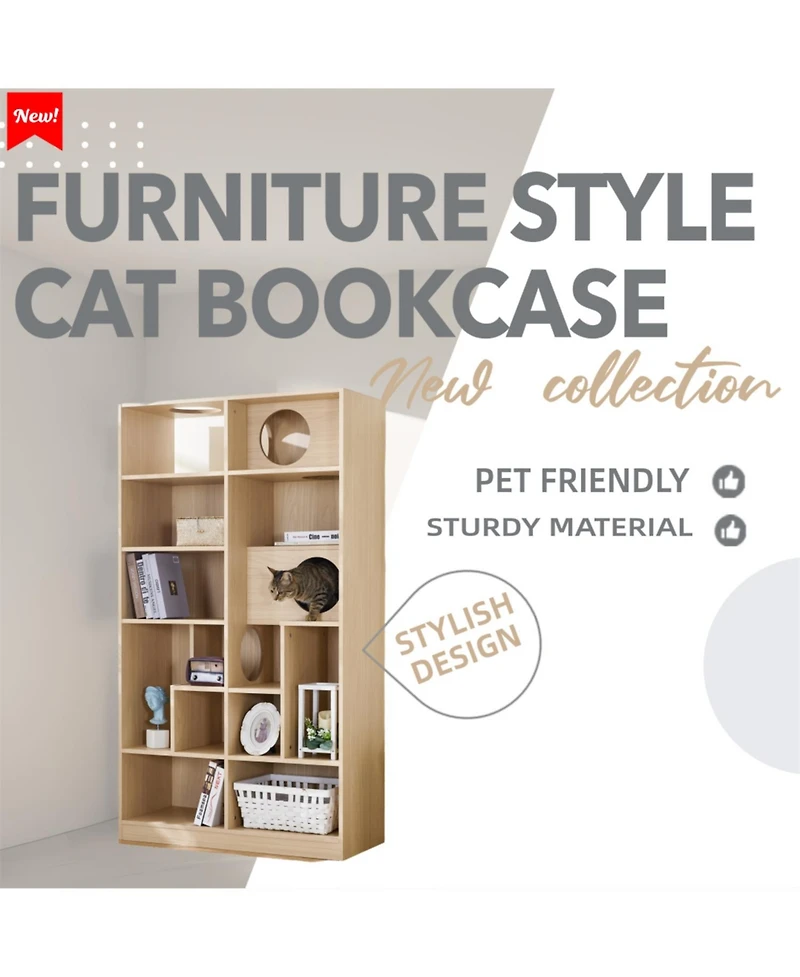 Aostirmotor Cat House with Storage, Cat Litter Box Enclosure Climbing Shelf in Natural