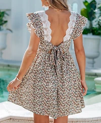 Cupshe Women's V-Neck Short-Sleeve Woven Mini Dress with Ruffle Trim