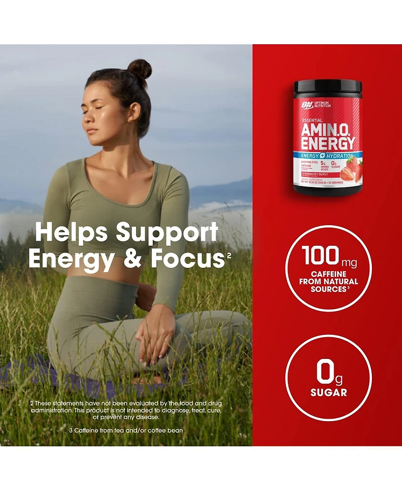 Optimum Nutrition Amino Energy Powder Plus Focus, Electrolytes, Juicy Strawberry, 30 Servings