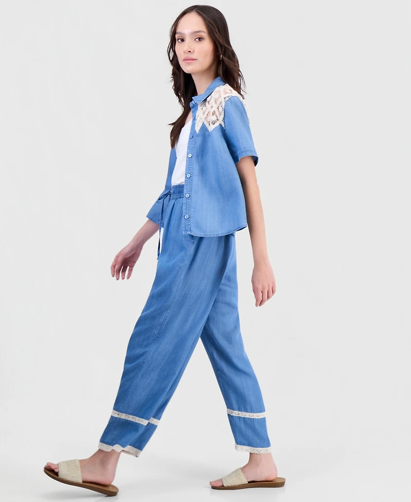 And Now This Petite Crochet-Inset Chambray Drawstring Pants, Macy's Exclusive