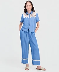 And Now This Petite Crochet-Inset Chambray Short-Sleeve Shirt, Macy's Exclusive