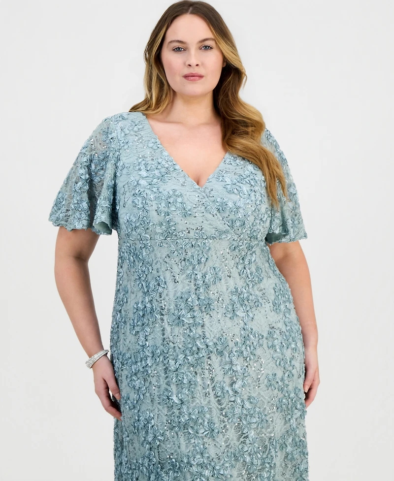 Alex Evenings Plus Lace V-Neck Flutter-Sleeve Gown