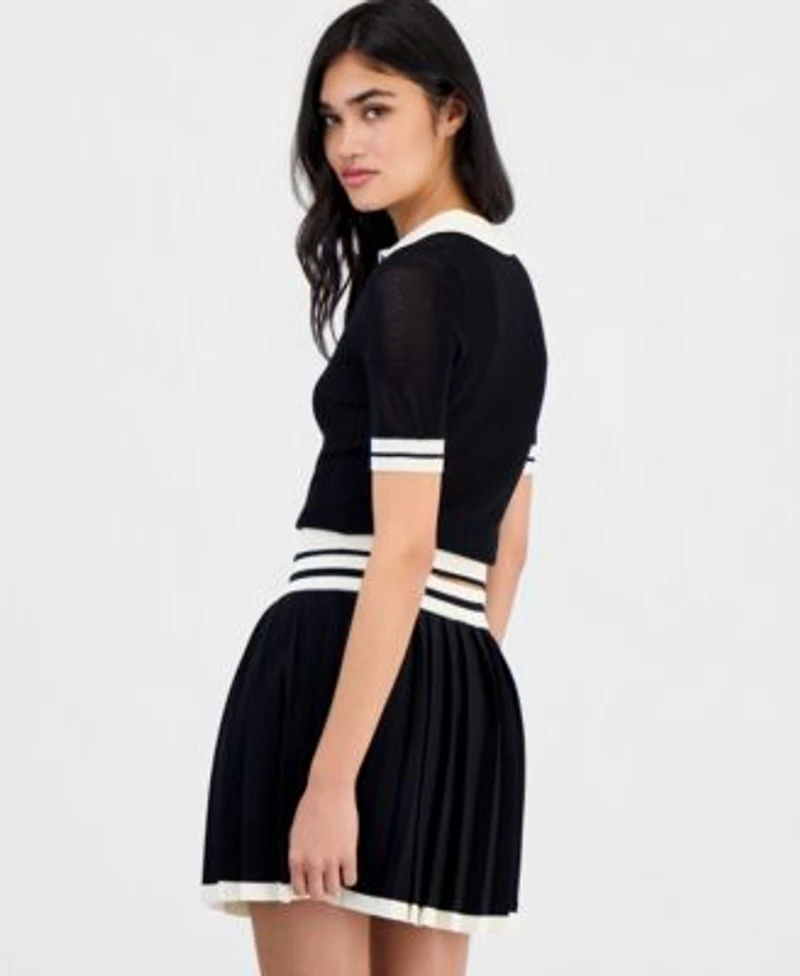 Guess Womens Gabry Cropped Collared Polo Sweater Gabry Pleated Sweater Mini Skirt