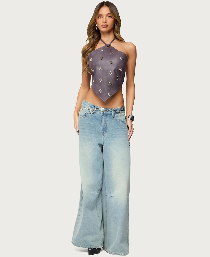 Edikted Women's Shila Studded Faux Leather Backless Top