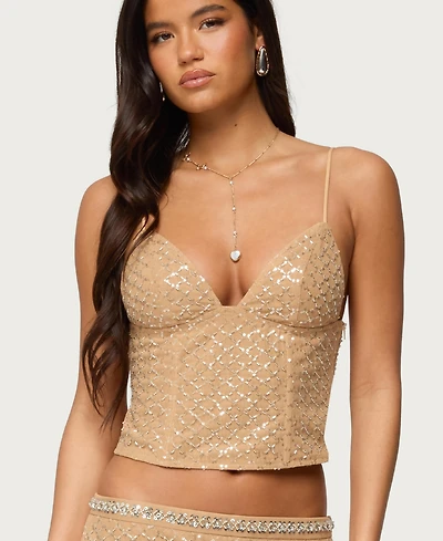 Edikted Women's Jenny Beaded Mesh Boned Top