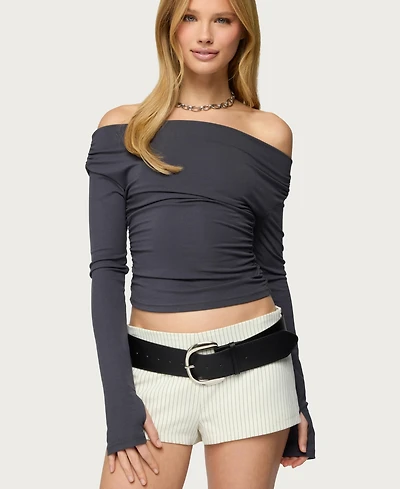 Edikted Women's Milane Ruched Off Shoulder Ribbed Top