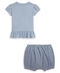 Polo Ralph Lauren Baby Girls' Dog-Print Crewneck T-Shirt and Gingham Shorts, 2-Piece Set