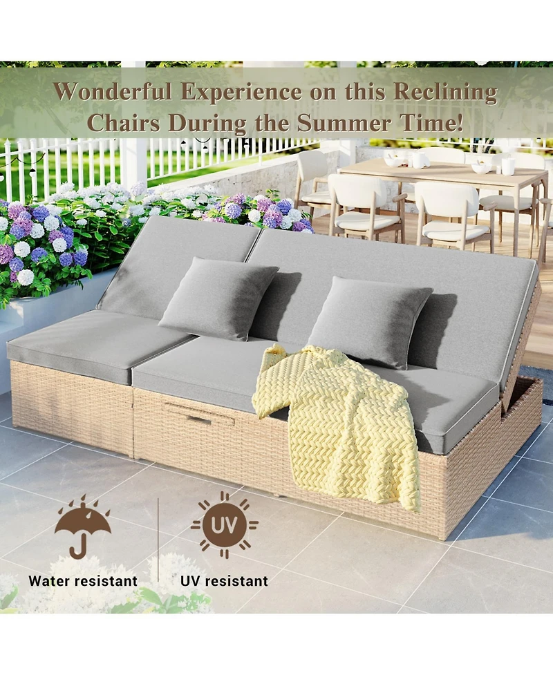 Streamdale Furniture Gray Wicker Rattan Double Sunbed Recliners for 2