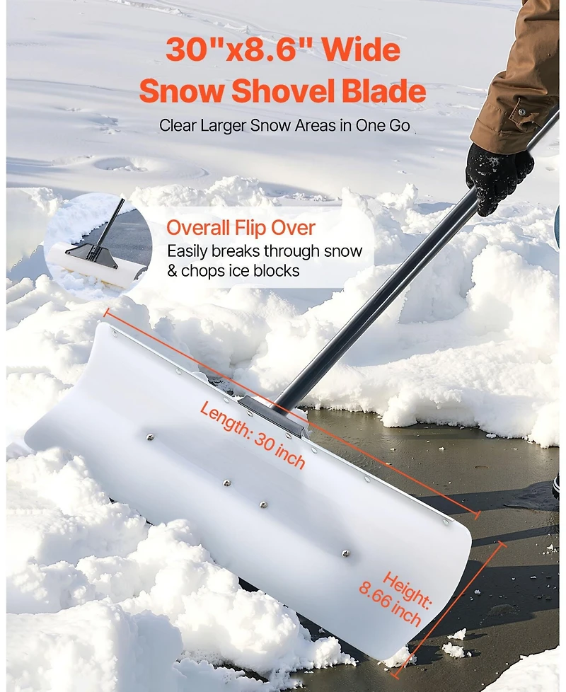 Mecale Snow Pusher Shovel, 30", Hdpe Blade w/ Metal Edge, Segmented Handle, Ergonomic Grip, Driveway/Garden