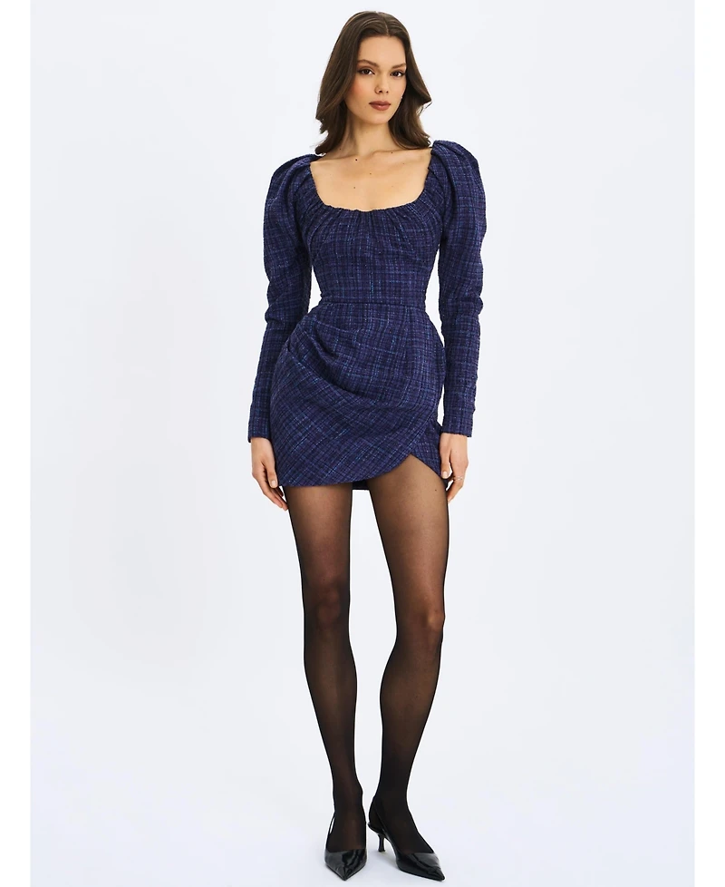 Miss Circle Women's Denise Navy Tweed Ruched Puff Sleeve Mini Dress