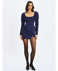 Miss Circle Women's Denise Navy Tweed Ruched Puff Sleeve Mini Dress