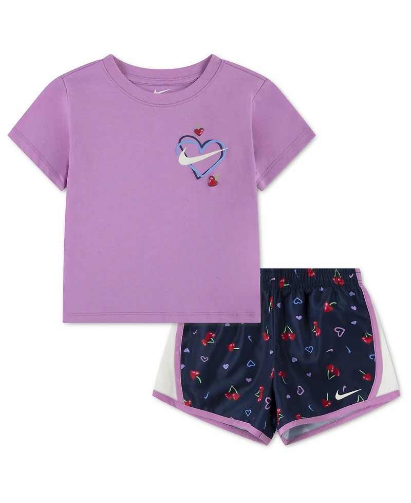 Nike Girls' 4-6X Cherry T-Shirt and Dri-fit Tempo Printed Shorts, 2-Piece Set