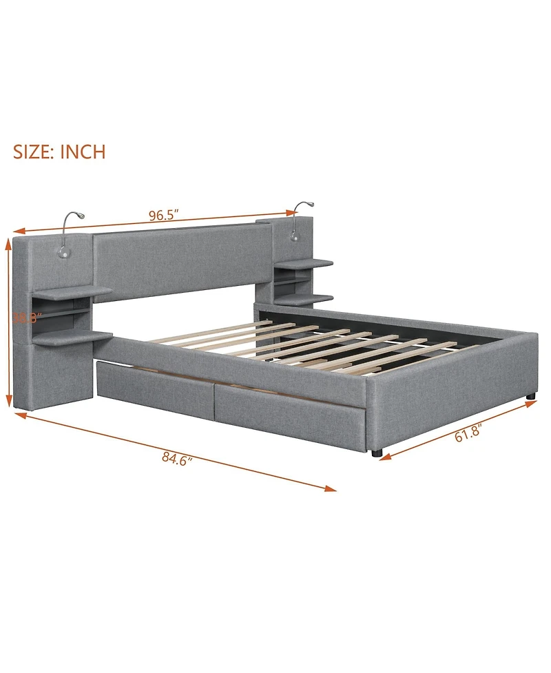 Boyel Living Queen Size Upholstered Platform Bed with Reading Lights and Storage Solutions
