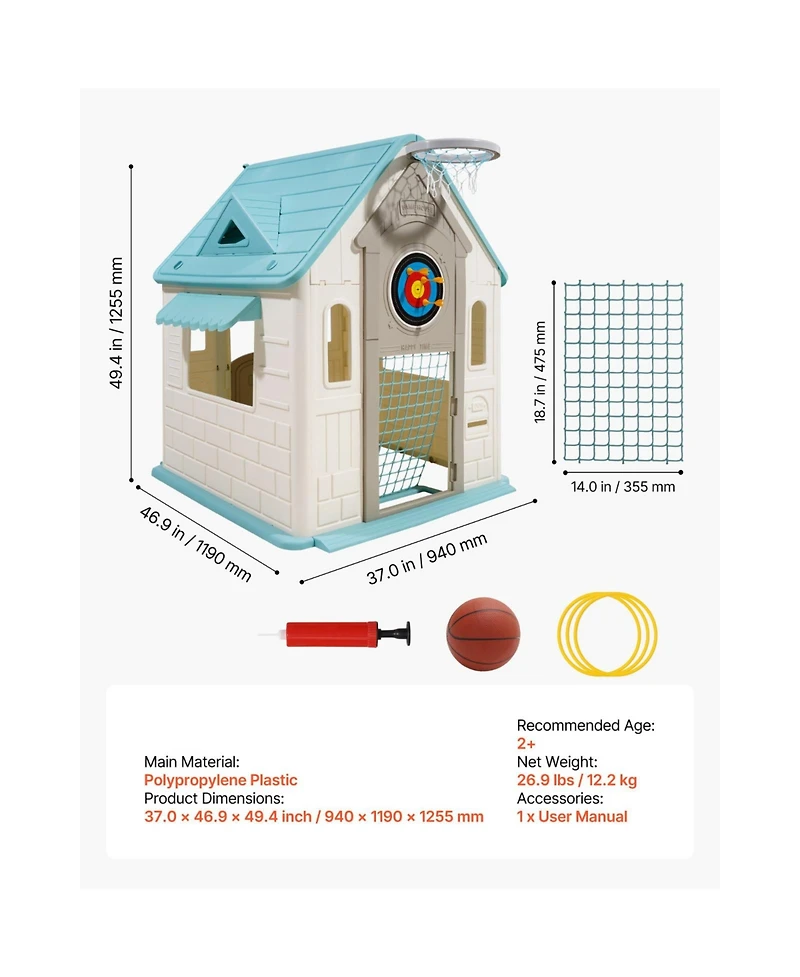 Slickblue Outdoor Playhouse, 5-In-1 Cottage Play House with Pretend Play, Basketball, Darts, Soccer, Ring Toss