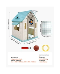 Slickblue Outdoor Playhouse, 5-In-1 Cottage Play House with Pretend Play, Basketball, Darts, Soccer, Ring Toss