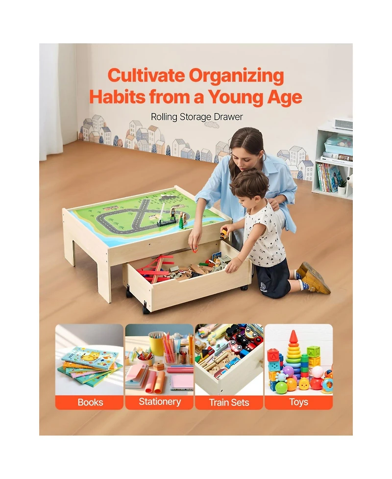 Slickblue Kids Train Table with 100-Piece Wooden Set and Storage Drawer