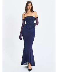 Miss Circle Women's Orabelle Navy Beaded Peplum Mermaid Gown with Lace-up Back