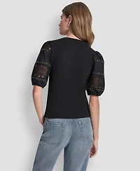 Dkny Jeans Petite Crewneck Lace Eyelet Top