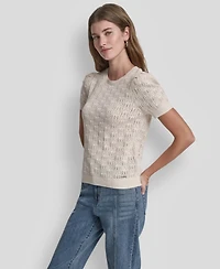 Dkny Jeans Petite Short-Sleeve Lace Pointelle Stitch Sweater