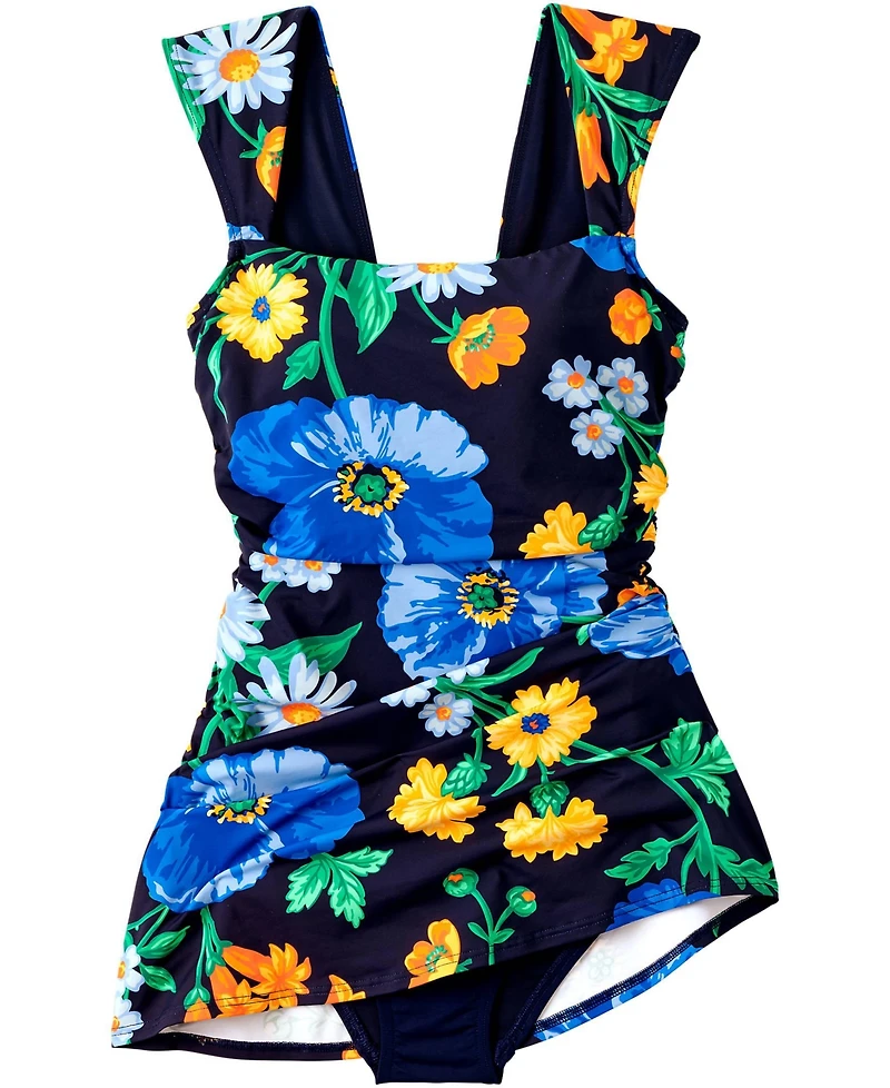 Lands' End Plus New Smoothing Square Neck Ruched Swim Dress Swimsuit