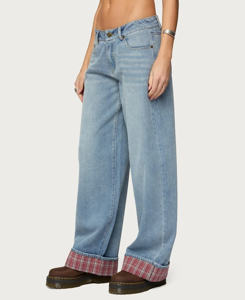 Edikted Womens Plaid Cuffed Low Rise Jeans