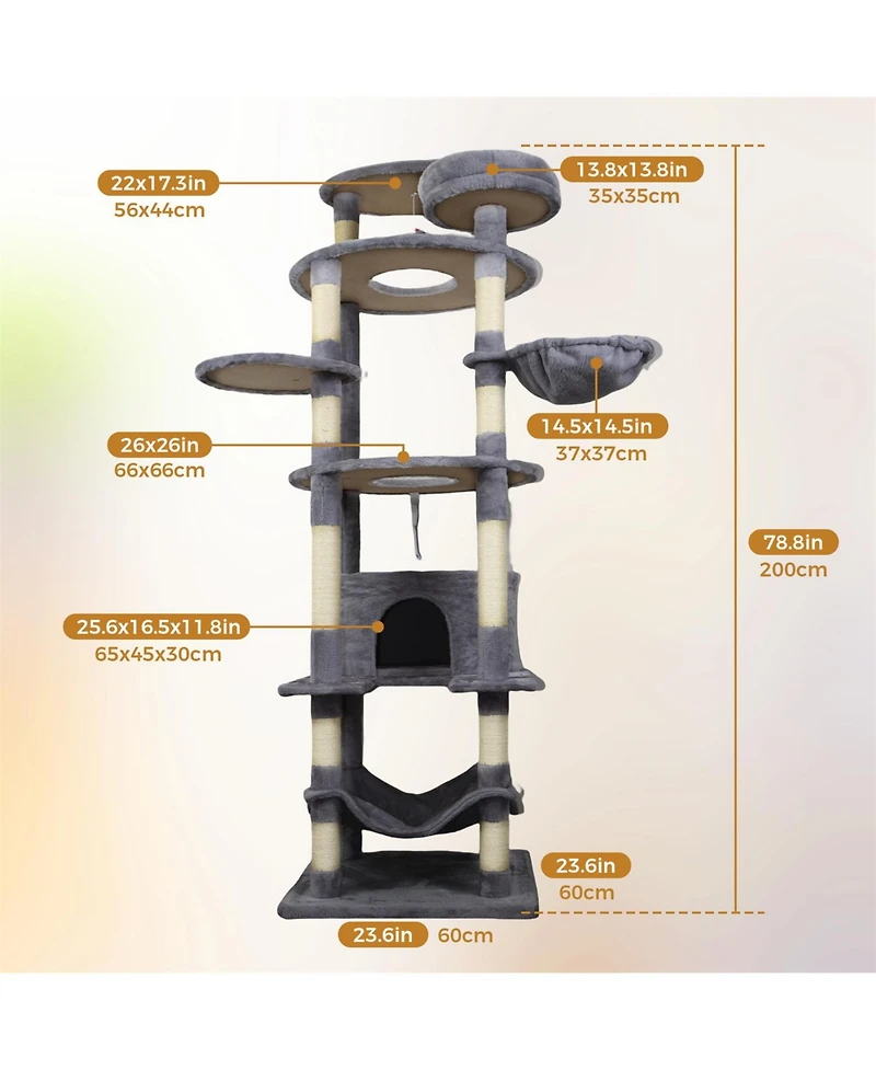 Aostirmotor 78.8'' Cat Tree with Wide Base, Large Condo,2 Sisal Scratching Post in Dark Gray