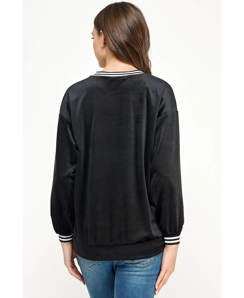Hello Miz Women's Velvet Striped Neckline Long Sleeve Maternity Sweatshirt Top