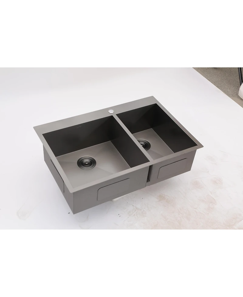 flynama 33x22x9inch Gunmetal Black Double Bowl Kitchen Sink Drop In Stainless Steel 16 Gauge 60 40 Split