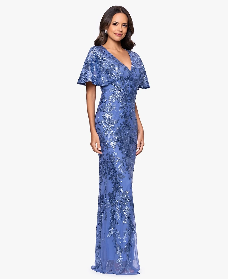 Betsy & Adam Women's Sequin Detail Flutter-Sleeve Gown
