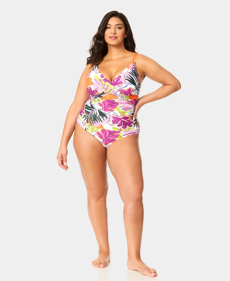Anne Cole Plus Size V-Neck Drape Front Hidden Underwired One-Piece Swimsuit
