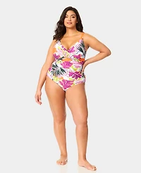 Anne Cole Plus Size V-Neck Drape Front Hidden Underwired One-Piece Swimsuit
