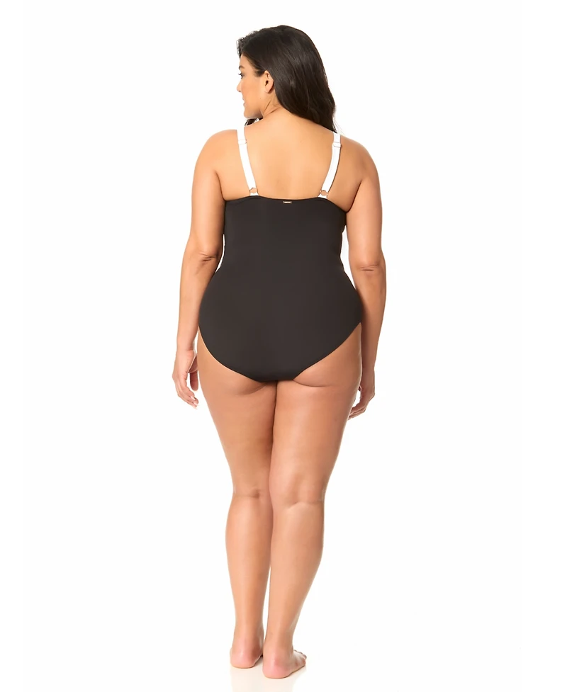 Anne Cole Plus V-Neck Color Block Mesh Insert Swimsuit