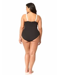 Anne Cole Plus V-Neck Color Block Mesh Insert Swimsuit