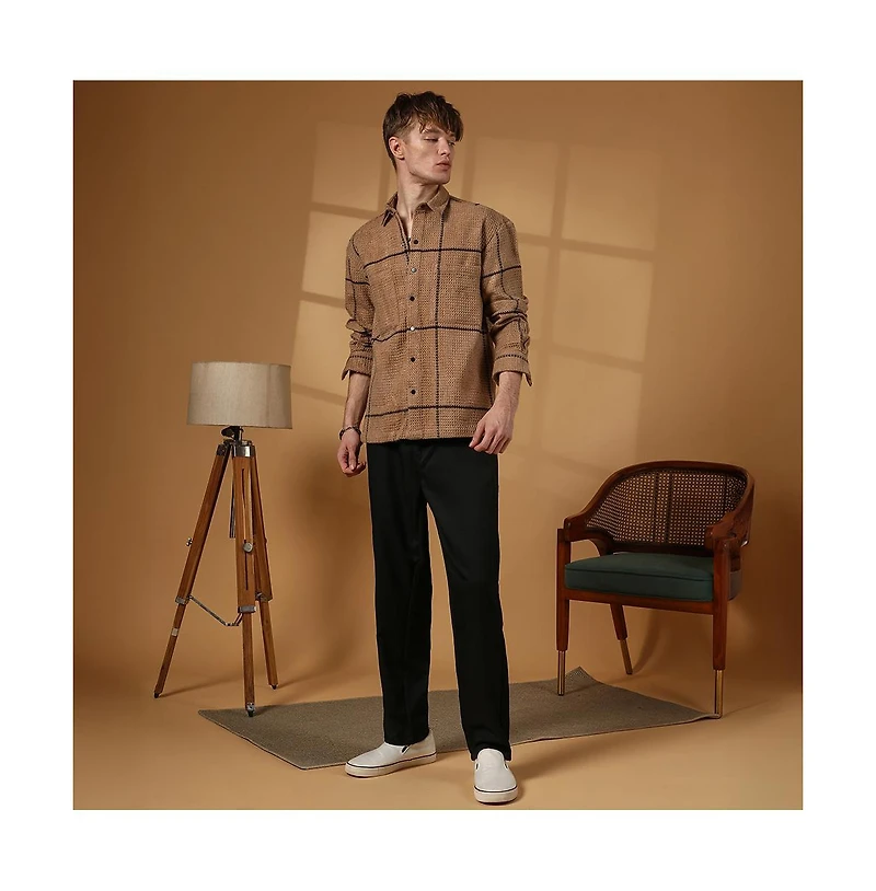 Campus Sutra Men's Ash Brown Graph-Check Waffle Overshirt