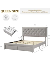 Queen Velvet Bed with 2 Storage Drawers, Tufted Wingback Headboard, Strong Slats, Noise-Free, No Box Spring, Black