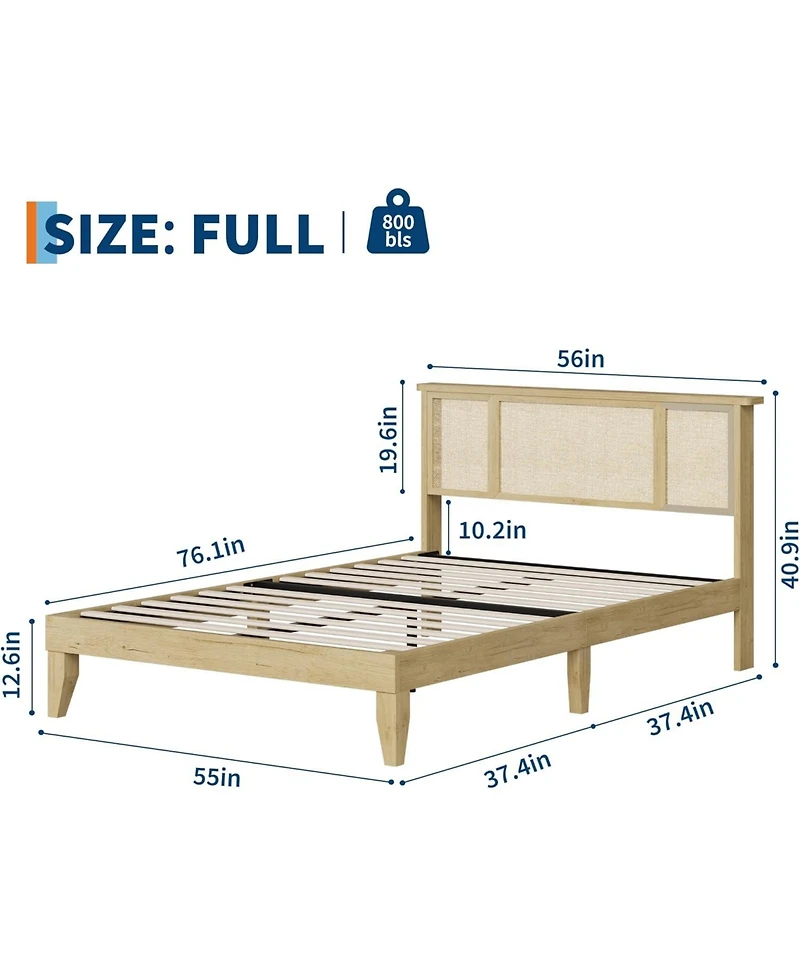 gaomon Full Bohemian Rattan Headboard Bed with Strong Wood Slats, Metal Platform Base, Cane Accent Style, Durable Support, No Box Spring Needed
