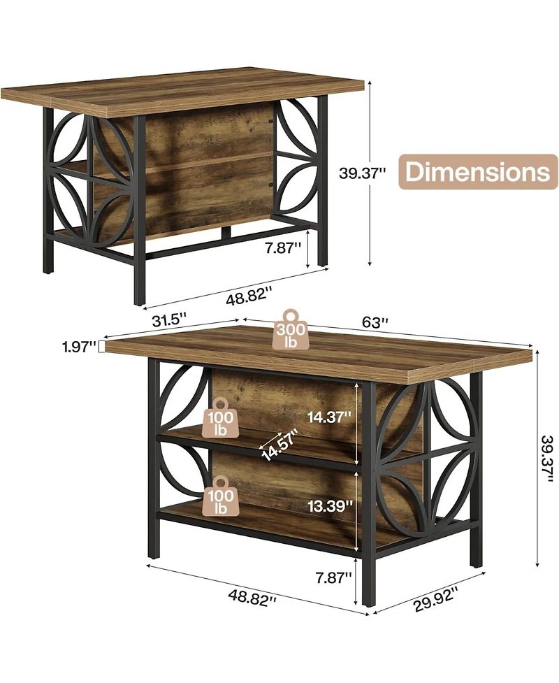 Tribesigns Kitchen Island with Storage, 62.99-Inch Kitchen Island Table with 2 Shelves and Large Worktop, Industrial Bar Table