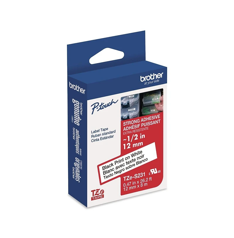 Brother P-Touch TZES231G 0.47 in. x 26.2 ft. TZe Standard Adhesive Laminated Labeling Tape - Black on White