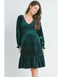Hello Miz Maternity Smocked V Neck Long Sleeve Velvet Dress