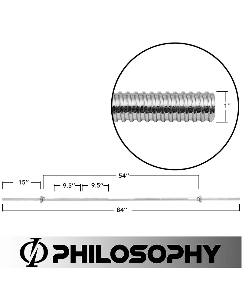 Philosophy Gym 7 Ft Standard Barbell, Threaded 1" Straight Weightlifting Bar with Star Collars, 500lb Capacity, Chrome
